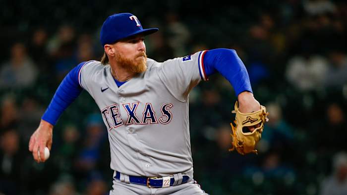 Apr 19, 2022; Seattle, Washington, USA; Texas Rangers starting pitcher Jon Gray (22) throws against the Seattle Mariners during the fourth inning at T-Mobile Park. Mandatory Credit: Joe Nicholson-USA TODAY Sports